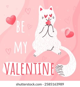 Valentine card with cute hand drawn white cat biting a heart. Cute cat in love. Vector template, cover, invitation