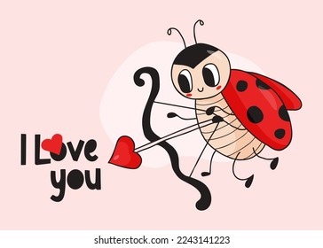 Tarjeta de San Valentín con Amur lindo mariquita. Alarma divertida de insectos alados con corazón de arco y flecha. Te amo. Ilustración vectorial. Estilo de doodle dibujado a mano