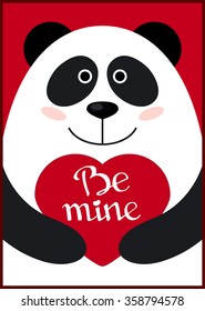 Valentine card with cute panda holding "be mine"sign.