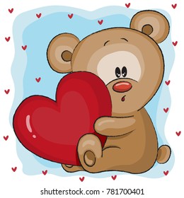 Valentine card with a Cute Teddy bear with heart. Funny character Teddy holding in the paws of a big heart. The concept of Valentine's Day. Flat vector illustration isolated on a white background