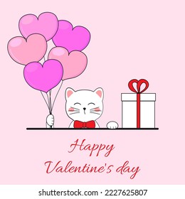 Valentine card. Cute white cat with a gift and balloons. Happy Valentine's Day greeting card. Vector illustration
