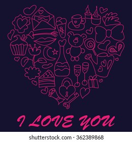 Valentine card in dark colors. Isolated objects in heart shape. Romantic illustration in vector. Pink love set on dark blue background.