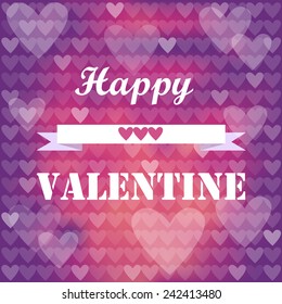 valentine card design with decorative ribbon and hearts on blurry background