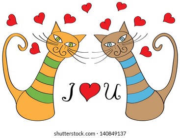 valentine card design with pair of cats in love and red hearts in silhouettes isolated on white background