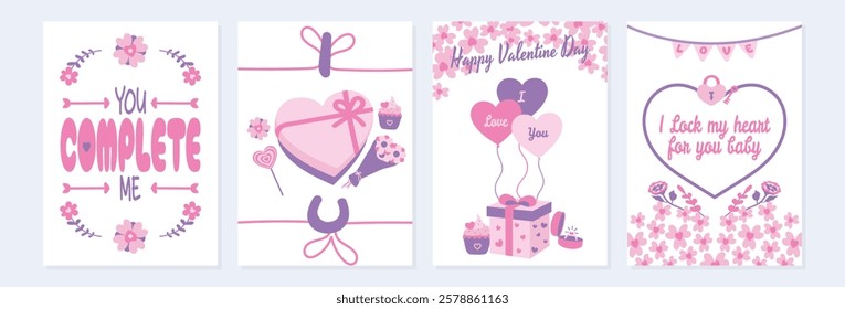 Valentine card design set vector illustration. Happy Valentines Day cute design set, greeting sign. Invitation design vector art modern trendy style