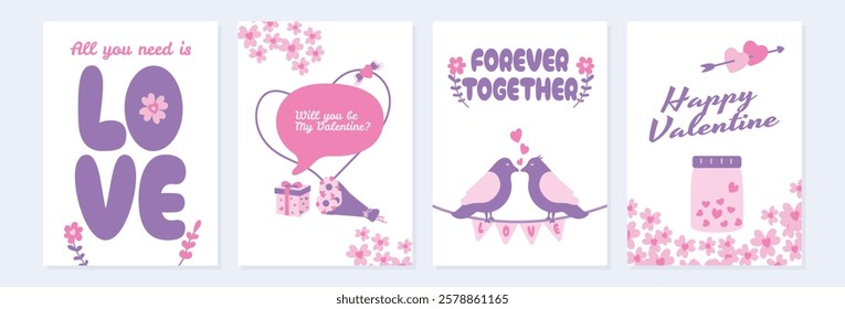 Valentine card design set vector illustration. Happy Valentines Day cute design set, greeting sign. Invitation design vector art modern trendy style