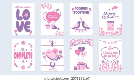 Valentine card design set vector illustration. Happy Valentines Day cute design set, greeting sign. Invitation design vector art modern trendy style