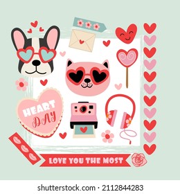 valentine card with dog, cat, love elements