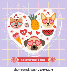 valentine  card with dogs, cat, love elements