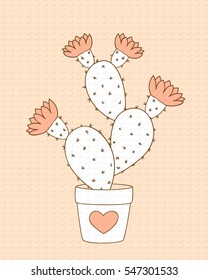 Valentine card with doodle cactus in the flower pot. Image for invitation, save date, wedding, romantic holiday,  print for decorate t-shirt, tunic, bag,  wall. eps 10.