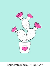 Valentine card with doodle cactus in the flower pot. Image for invitation, save date, wedding, romantic holiday,  print for decorate t-shirt, tunic, bag, wall. eps 10. 