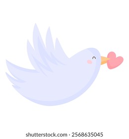 Valentine card dove bird holding heart isolated on white background. Cartoon dove holding valentine card in beak. Illustration for postcards