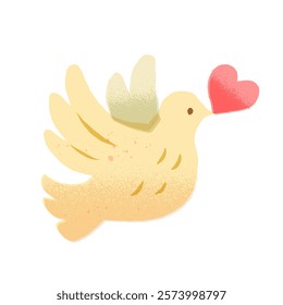 Valentine card dove bird holding heart isolated on white background. Cartoon dove holding valentine card in beak. Vector Illustration
