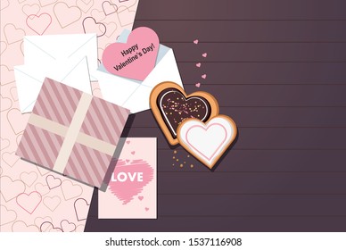 Valentine card, envelope, gift and heart shaped cookies. Top view. Valentine's day. Vector