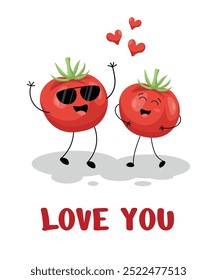 Valentine card featuring tomatoes in love designed in a flat style, illustrated as a cute vector graphic, perfect for a charming and playful expression of affection.