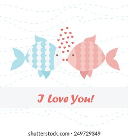 Valentine card fish. White background with waves