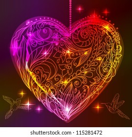 valentine card with floral heart and birds, illustration, vector