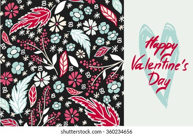 valentine card with floral pattern, hand drawn elements