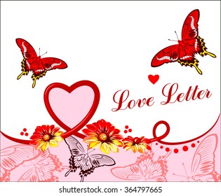 Valentine card with flowers, butterflies and ribbon