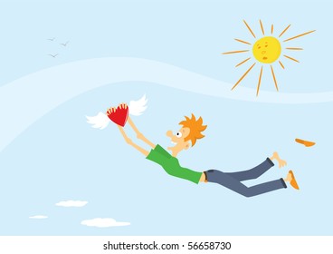 Valentine card with flying heart and cartoon guy in the sky.