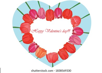 
Valentine card in the form of a heart with a bright tulip and the inscription. Vector illustration in a flat style, for congratulations, stickers, banner.
