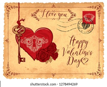 Valentine card in form of postcard with key, keyhole in the heart and red roses. Romantic vector card in retro style with place for text, handwritten inscriptions I love you and Happy Valentines day