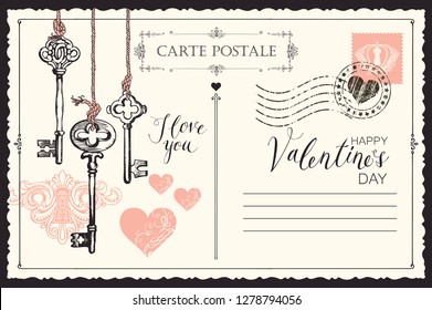 Valentine card in form of postcard with keys, keyhole and red hearts. Romantic vector card in vintage style with place for text and with handwritten inscriptions I love you and Happy Valentines day