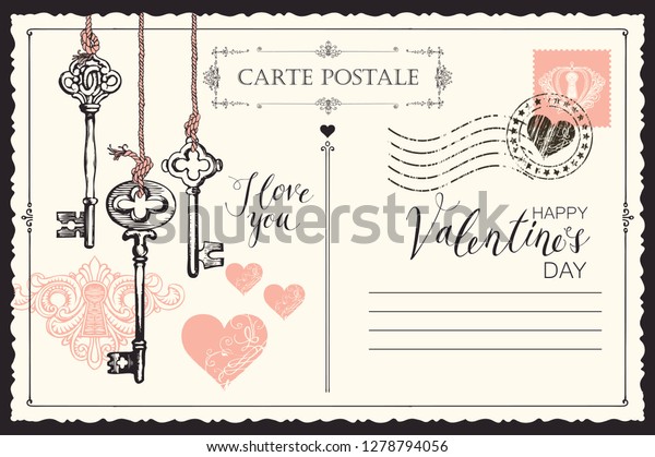 鍵 鍵穴 赤いハートとはがきの形のバレンタインカード 文字用の場所と手書きの文字の入ったビンテージスタイルのロマンチックなベクターカードあなたとハッピーバレンタインデーが大好き のベクター画像素材 ロイヤリティフリー