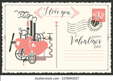 Valentine card in form of postcard with two hearts connected by different mechanisms and pipes. Romantic vector card with love factory and with inscriptions I love you and Happy Valentines day