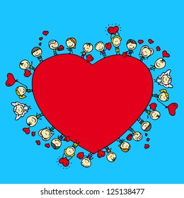 Valentine card frame background of happy doodle children with love hearts