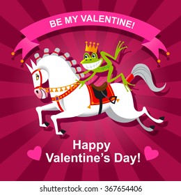 Valentine card. Frog Prince on a white horse. purple background