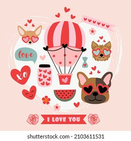 valentine card with funny dogs and love elements