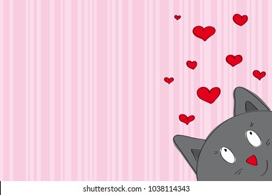 Valentine card with funny grey cat looking from the corner of the page - original hand drawn illustration