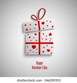 Valentine card with gift and red hearts