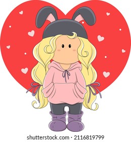 Valentine card. A girl with bunny ears on the background of a heart. Postcard. Happy Love Day on February 14, Valentine's Day. Textile doll vector 