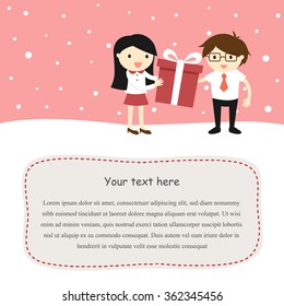 Valentine card, a girl is giving a gift box to a boy. Flat style cartoon in Valentine festival