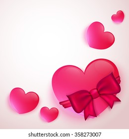 Valentine card with glass heart, pink bow. February 14. Vector.