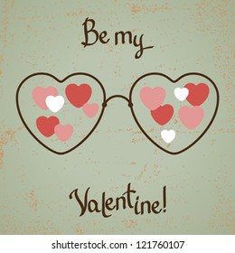 Valentine card with glasses, heart. Vintage design.