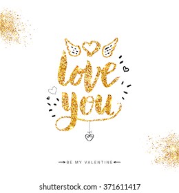 Valentine card. Golden glitter Love You Concept on Off White Background with Hand drawn details.  Vector illustration.
