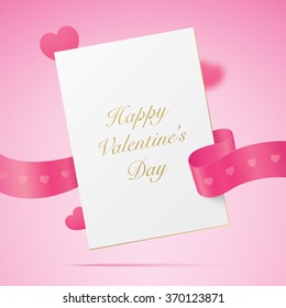 Valentine card. Greeting letter with golden text and pink ribbon. Realistic vector illustration.