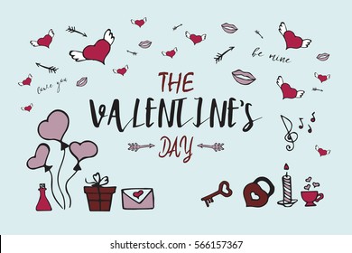 Valentine card with hand-drawn doodles elements. Heart and lips, lock and key, balloons and others symbols. 