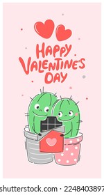 Valentine card. Happy Valentine's Day. Couple of cute cacti characters in a flowerpot holding chocolate together. Vector illustration for postcards,  invitations.
