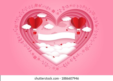 Valentine card with heart balloons float on sky with white empty sign and cloud. Little flowers around heart layer-papercut
