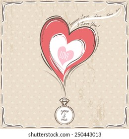 valentine card with heart and engagement ring,  vector