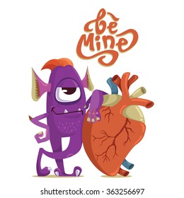 Valentine card, heart, hand made lettering, vector heart, monster