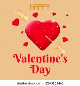 Valentine card with a heart pierced by cupid's golden arrow. Postcard on February 14. The concept of celebrating Valentine's Day. Vector illustration.