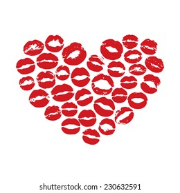 Valentine card with heart shape made of red print kisses