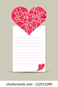 Valentine card with hearth made of small hearts on white paper