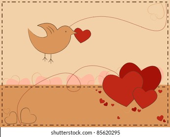 Valentine card with hearts and bird