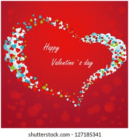 Valentine card with hearts on a red background.